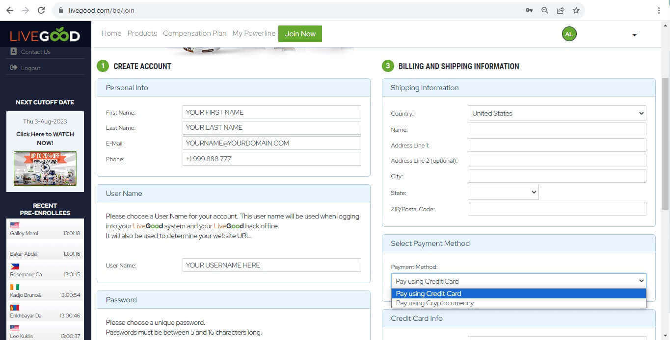 How To Register On LiveGoo BILLING AND SHIPPING INFORMATION